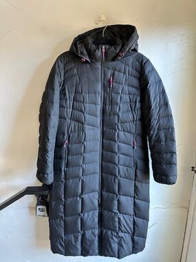 Lands’ End Long Down Puffer Coat Hooded Black Pink Zip Minimalist Winter L Ankle